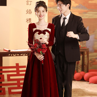 Velvet Toasting Dress Bride Red Long Sleeve Engagement Dress dress 2025 New Back Door dress