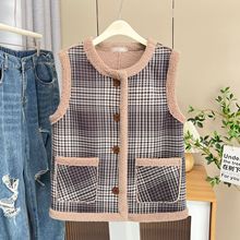 200斤胖妹妹大码秋冬新款复古加绒格子马甲气质百搭保暖坎肩5614