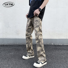 LKTM # アメリカンハイストリートスプライス迷彩パンツ、男性と女性用、スリムでハンサムなトレンディなブランドバイブマイクロフレアカジュアルパンツ