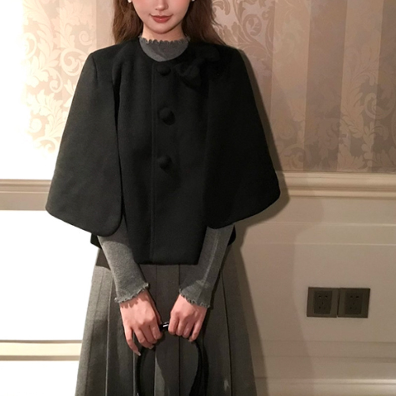 JUEMEI 直井怜酱 日系古早单面呢斗篷外套秋冬圆领开衫上衣小香风