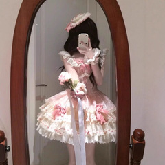 甘くてかわいいロリータロリータフライングスリーブドレス夏の新しいバレエスタイルウエストふわふわプリンセスドレス