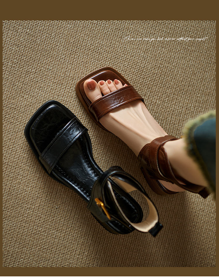 Sandal nữ cao cổ mũi vuông da thật khóa thắt lưng gót thô 9 cm — Màu nâu, Màu đen chi tiết 1