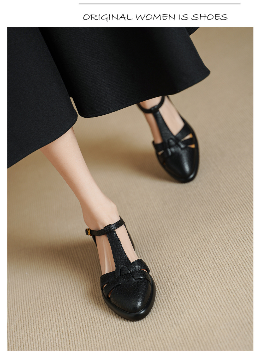 Sandal nữ quai chữ T bít mũi gót vuông 5 cm phong cách La Mã — đen chi tiết 10