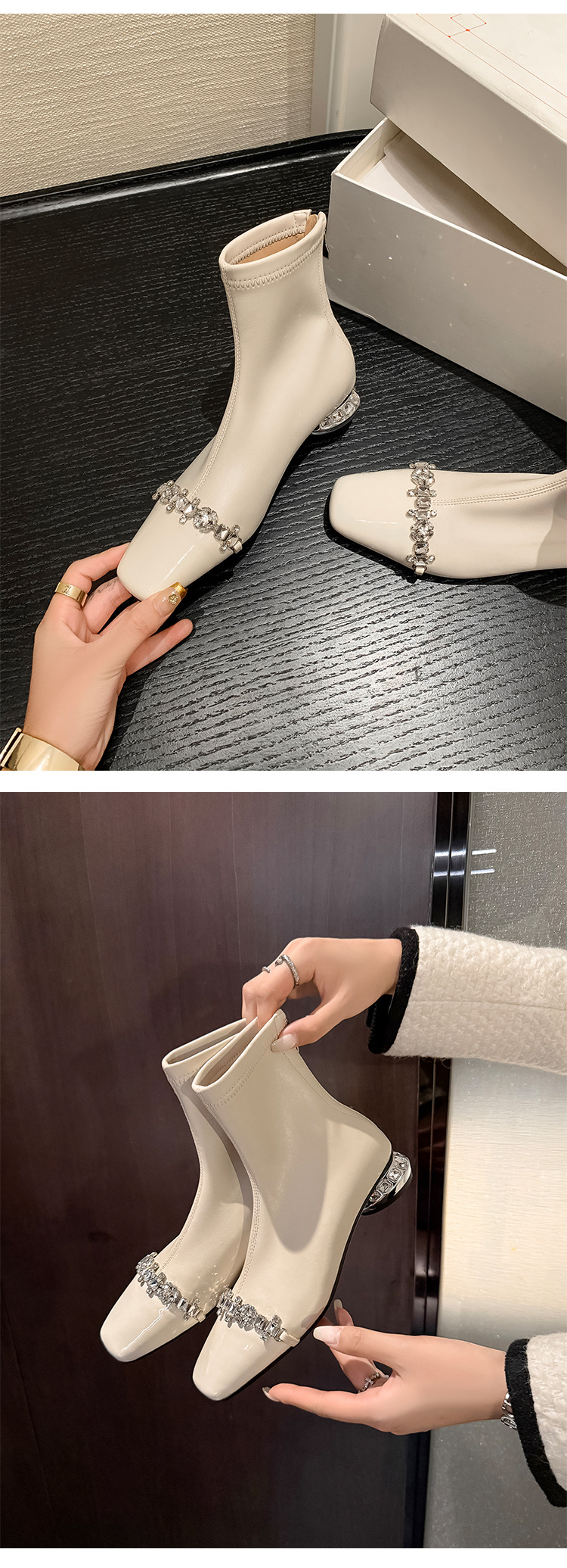 Boot ngắn nữ mũi vuông gót thấp khóa kéo sau chất nhũ đá phong thủy — nhung đen chi tiết 13