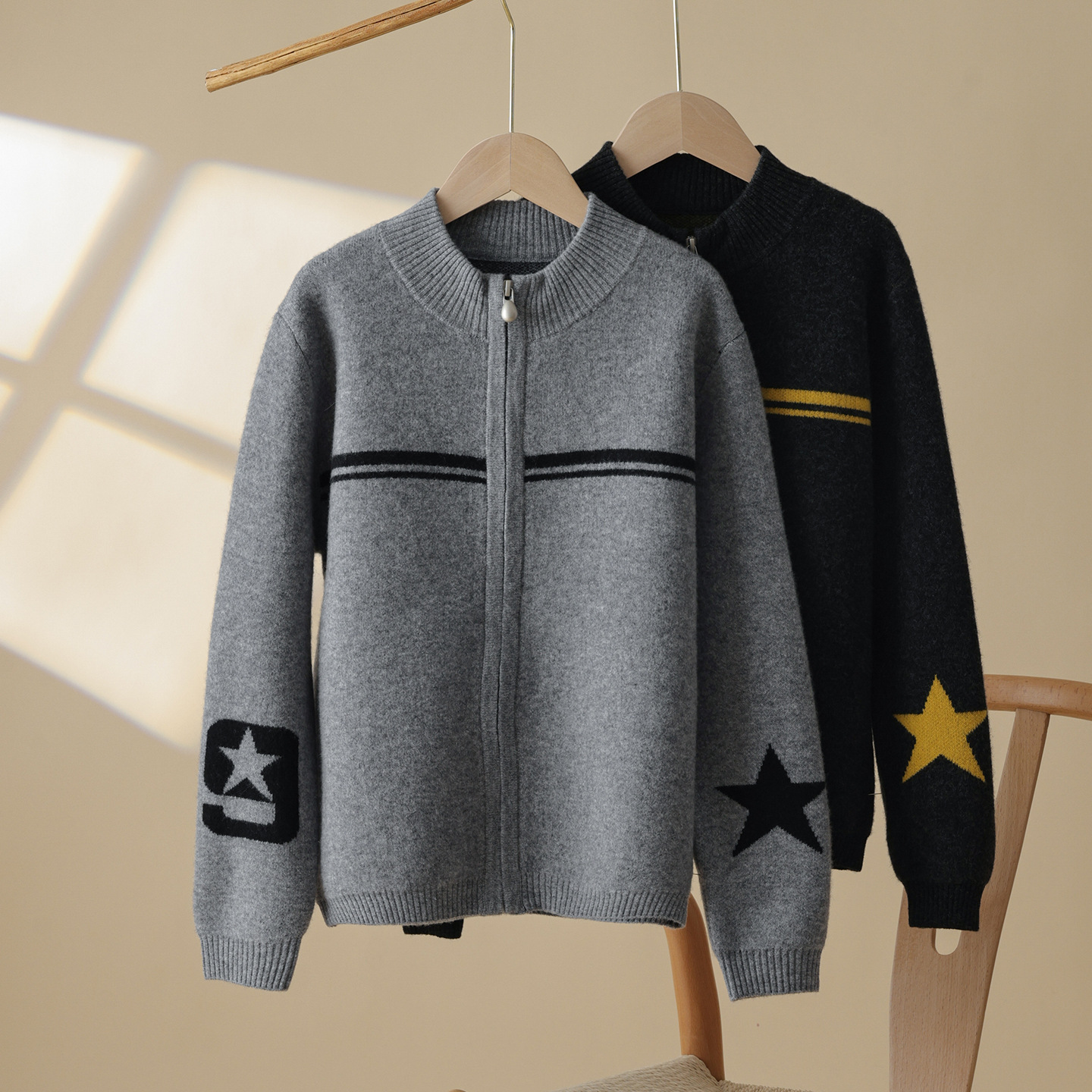 Premium children's 100% pure wool knitted cardigan, thickened zipper star coat, autumn and winter base layer top for boys and girls.