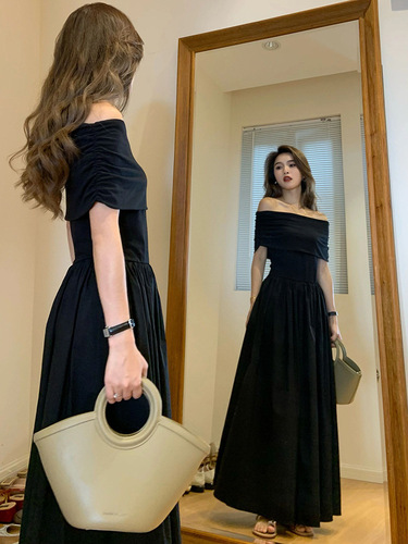 668 Women's Black One-Shoulder Dress 2025 High-End Elegant Shoulder-Strap Body-Con Long Dress Bustier Dress