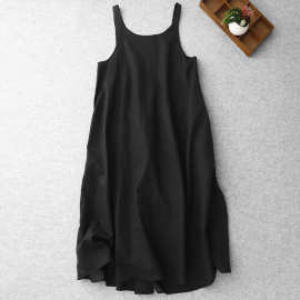 实拍 日系文艺麻棉黑色背带长裙女夏吊带裙子无袖连衣裙图片色