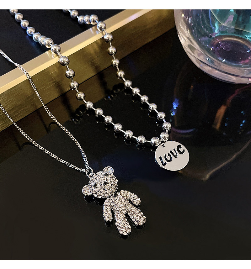 Fashion Bear Titanium Steel Plating Rhinestones Pendant Necklace 2 Pieces