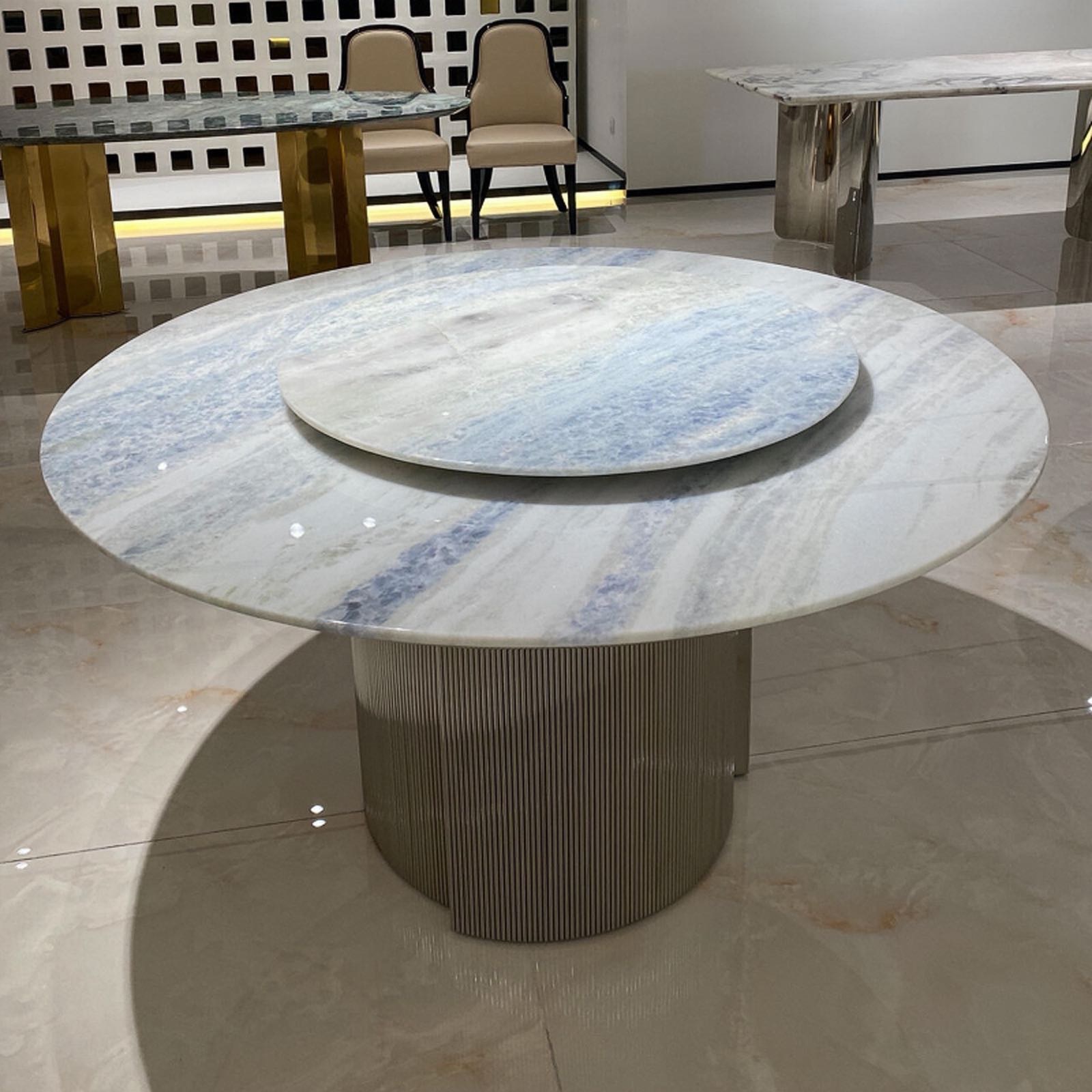 Natural Marble Blue Crystal Luxury Stone Dining Table and Chair Combination Light Luxury Villa Large Flat Rectangular High-end Round Dining Table