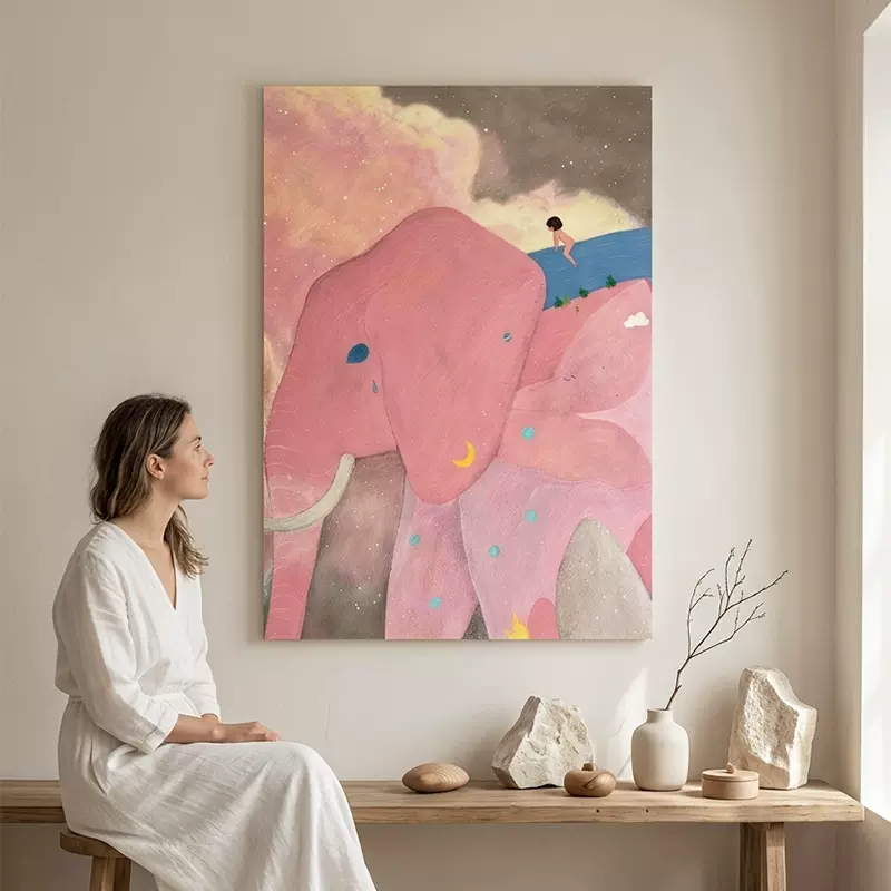 治愈系粉色大象客厅装饰画卡通落地画多巴胺玄关挂画小众艺术壁画