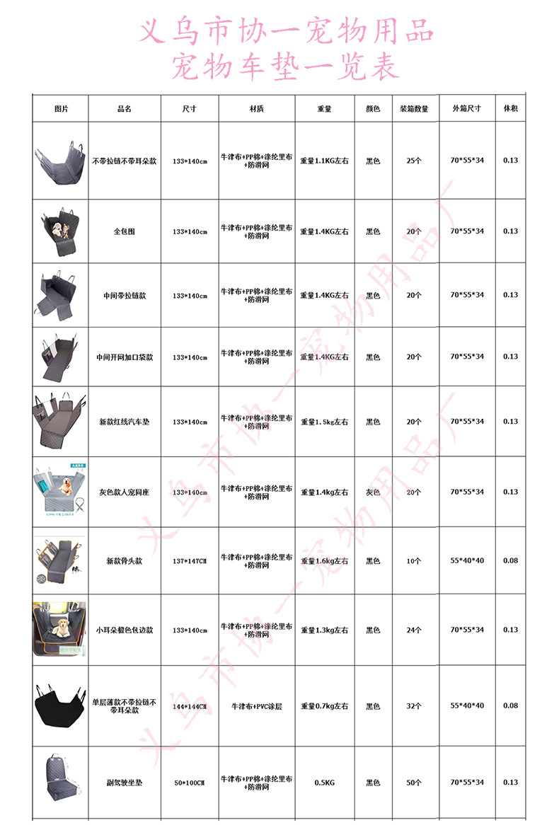 协一宠物车垫一览表-790
