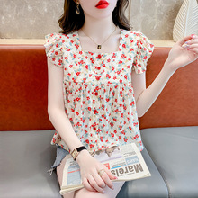 辣妹新款雪纺小衫碎花法式飞飞袖短款夏装泡泡袖短袖2025露脐上衣