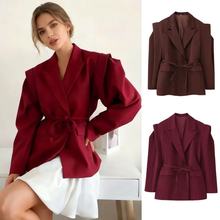 ZA速卖通爆款跨境欧美风女装收腰系带宽肩百搭西装外套