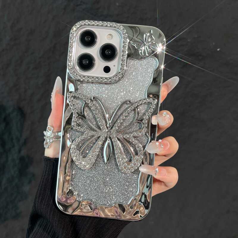 新款渐变闪粉镂空大蝴蝶水钻iPhone17promax手机壳适用16软电镀15|undefined