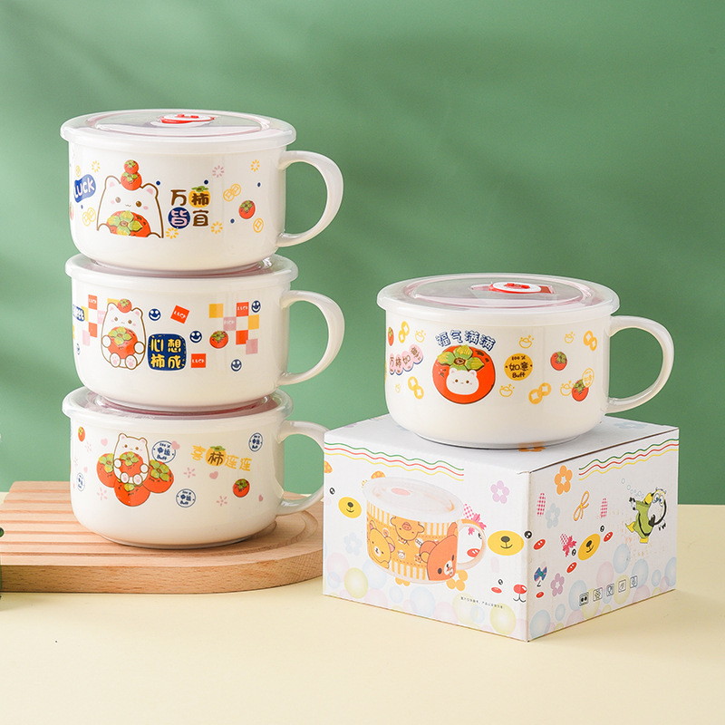 Cute ceramic instant noodle bowl with lid and handle, easy to clean, suitable for student dormitories, lunch box, food storage container, microwave bowl, gift Cute ceramic instant noodle bowl with lid and handle, easy to clean, suitable for student dormitories, lunch box, food storage container, microwave bowl, gift