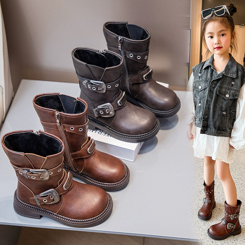 Детская мода ретро металлическая пряжка сапоги осень и зима 2024 новый мужской и женский детский стиль модные кожаные сапоги