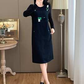 实拍大码女装胖mm2025年新款春装减龄显瘦假两件T恤拼接连衣裙