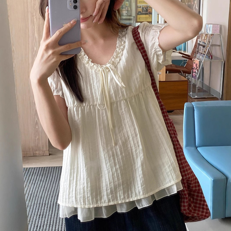 Homemade Lyocell Small Lace Double-Layer Hem Shirt Women's Vertical Texture Short-Sleeved Shirt Top