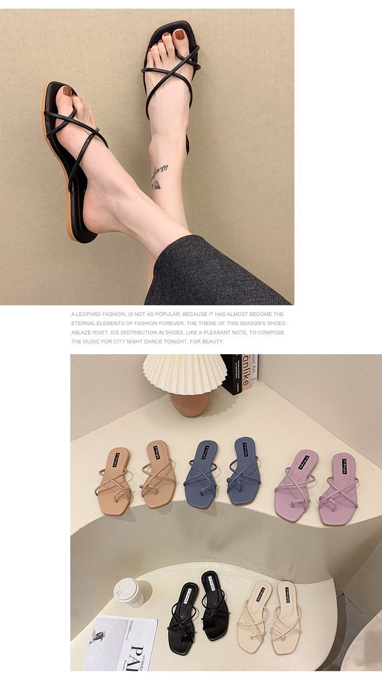 Hausschuhe im Feenstil, neue Oberbekleidung für Damen im Sommer 2024, koreanische Version, schlichter und schmaler Riemen mit quadratischer Zehenpartie und flachem Boden_voghion.com