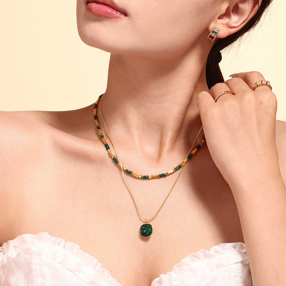 Natural Stone Bead Crystal Pendant Necklace, Stainless Steel Versatile, Double-layer Layered Collarbone Chain Necklace, Necklace Accessory_voghion.com