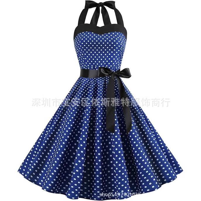 Women's Retro Polka Dot 1950S Rockabilly Halter Audrey Dress Vintage Floral