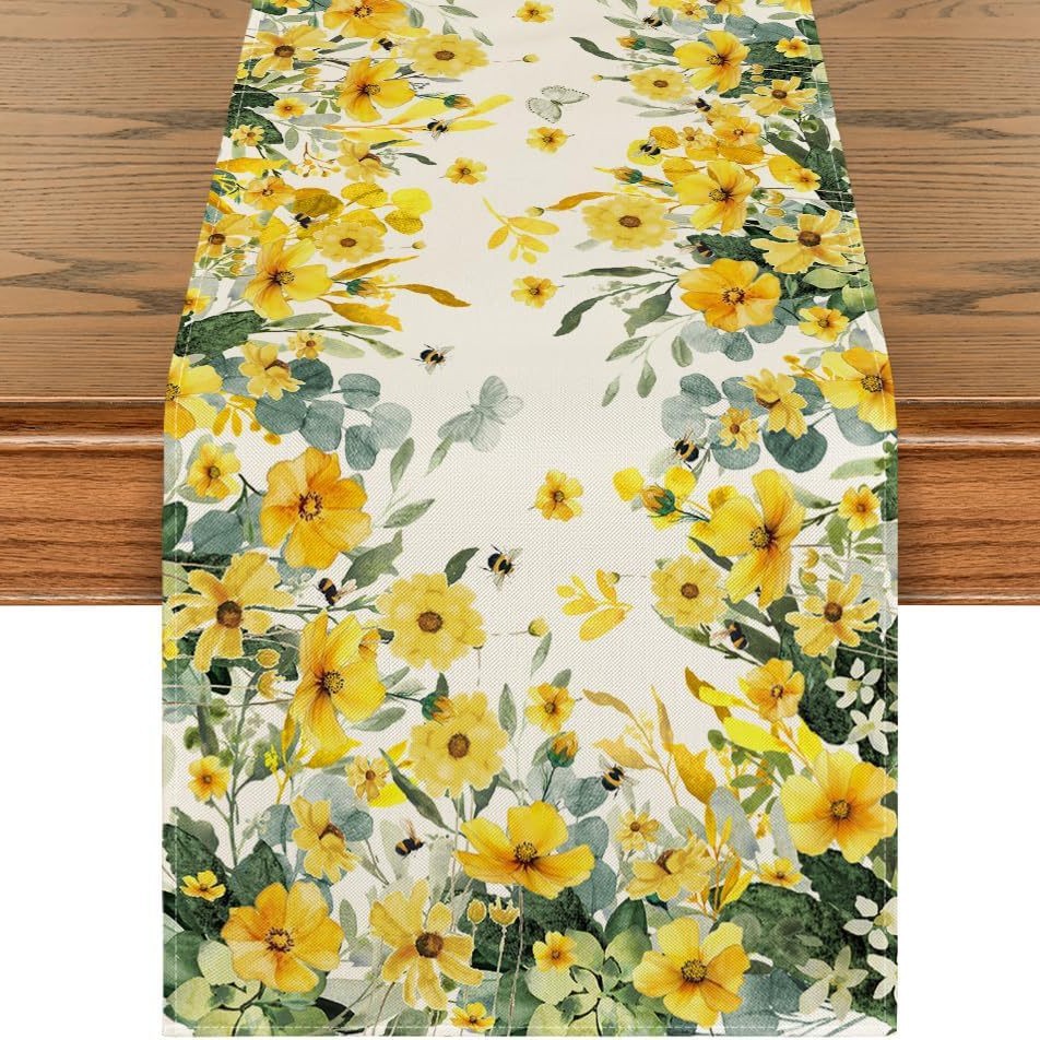 Primavera y verano venta en caliente bandejas de mesa transfronterizas frescas flores pastílicas imitación de tela de mesa de lino girasoles verde bandejas de mesa de hoja