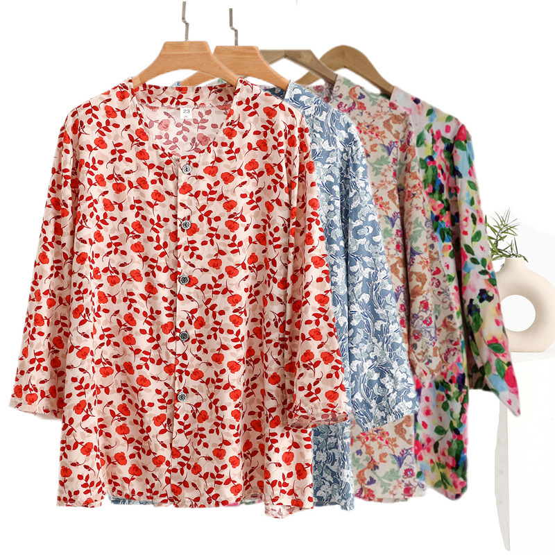 Cotton Silk Crewneck Cardigan Long-sleeved T-shirt Middle-aged and Elderly Mother's Blouse Women's Shirt Summer Thin Artificial Cotton Jacket Coat