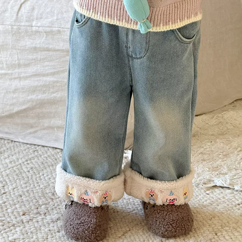 蔗梨童装女童加绒裤子2024冬季新款儿童韩版休闲牛仔裤女宝宝长裤