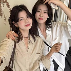 韩版法式V领蕾丝花边长袖衬衫女秋季新款设计感气质小众宽松上衣
