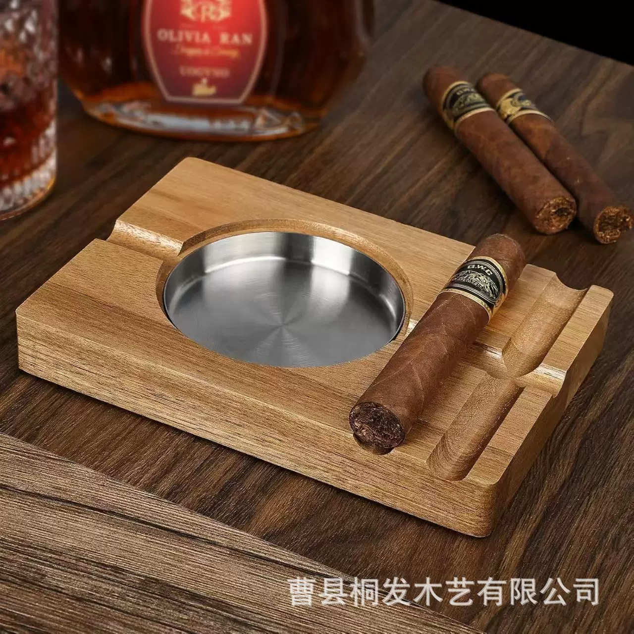 跨境美式木制烟灰缸吧台桌面威士忌酒杯架实木雪茄烟灰缸储物盒