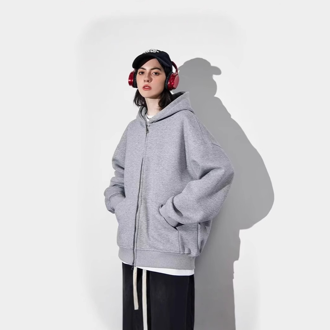 아메리칸 스타일 스트리트 패션 남성과 여성을위한 후드 스웨트 2024 가을과 겨울 캐주얼 올 매치 루즈 기모 탑 지퍼 재킷