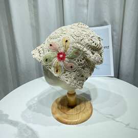 手工编织彩色花朵镂空包头帽女夏季旅游薄款针织套头帽百搭堆堆帽