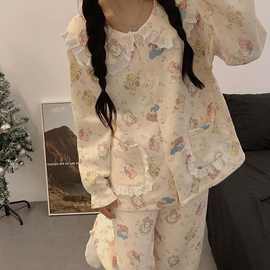 秋冬新款空气棉夹层印花翻领可爱睡衣少女家加厚保暖居套装可出外