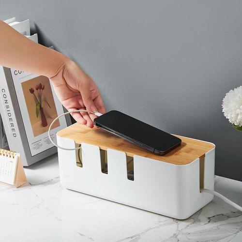 Wooden and Bamboo Electric Wire Storage Box Creative Seven-Hole Desk Organizer Cable Management Box Power Strip Charger Data Cable Organizer
