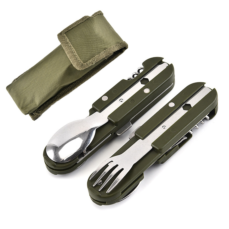 Portátil para acampar al aire libre vajilla multiusos cuchillo plegable de acero inoxidable, tenedor y cuchara combinación vajilla picnic vajilla de tres piezas