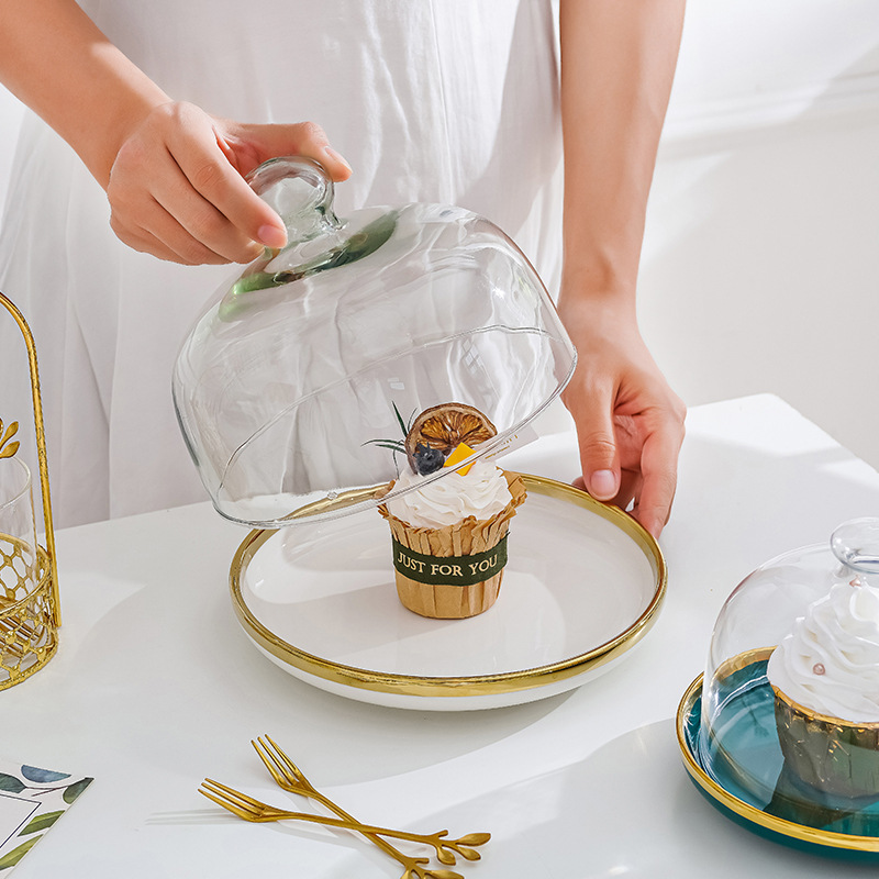 Bandeja de pastel de cerámica con cubierta de vidrio transparente boda cumpleaños fruta postre prueba placa tarde té placa