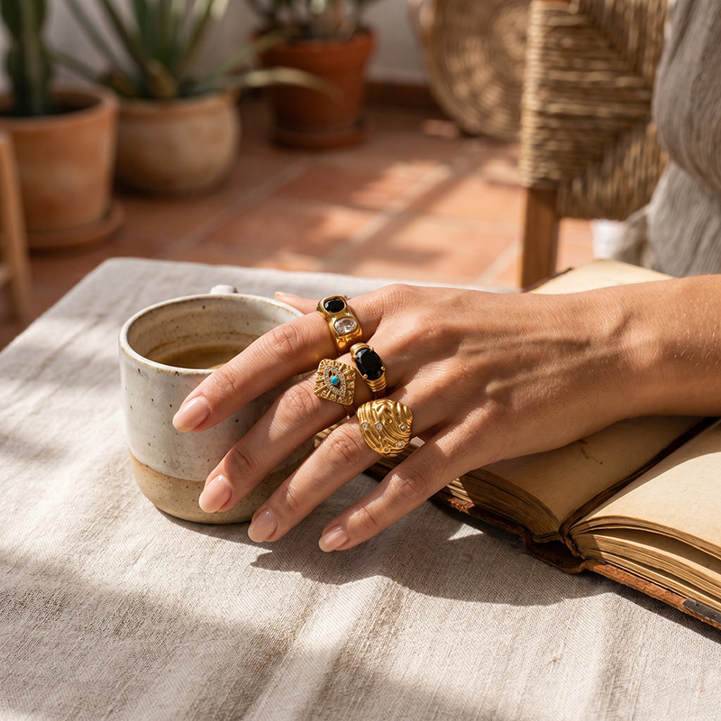 Tina Europa y los Estados Unidos transfronterizos INS viento medieval temperamento de moda anillo de acero inoxidable chapado 18 quilates oro anillo de zircon mujer al por mayor