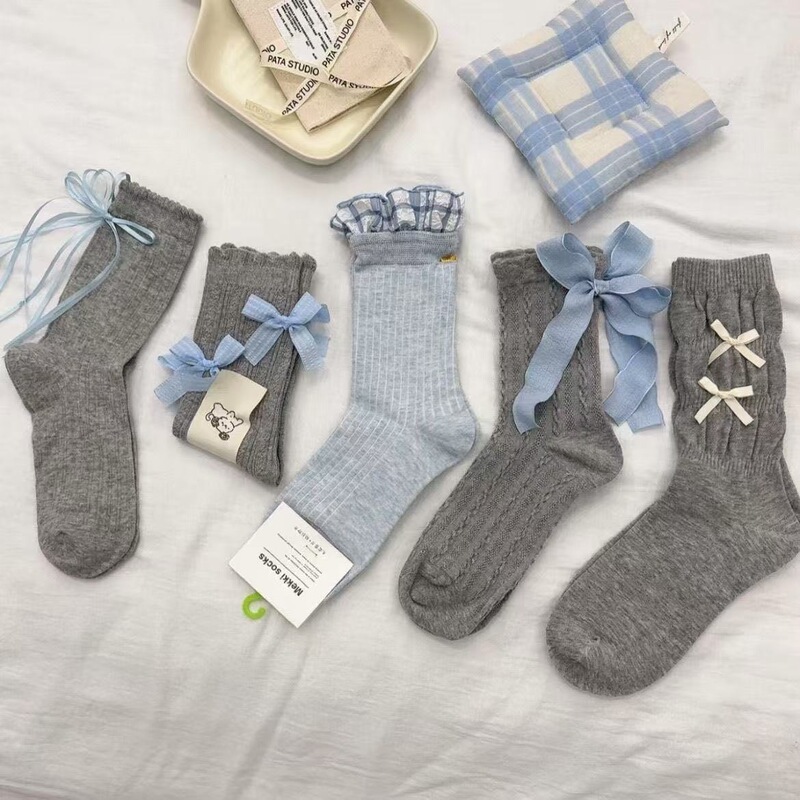 春秋韩系高颜值堆堆袜少女花边日系百搭格子灰蓝色可爱蝴蝶结袜子|undefined