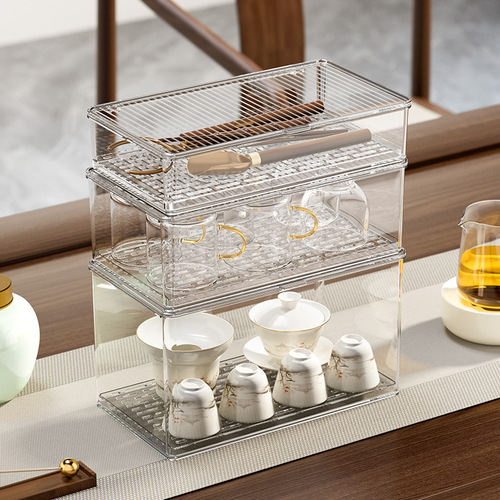 可叠加透明带盖防尘茶具茶杯茶包沥水收纳盒桌面杂物归类整理盒