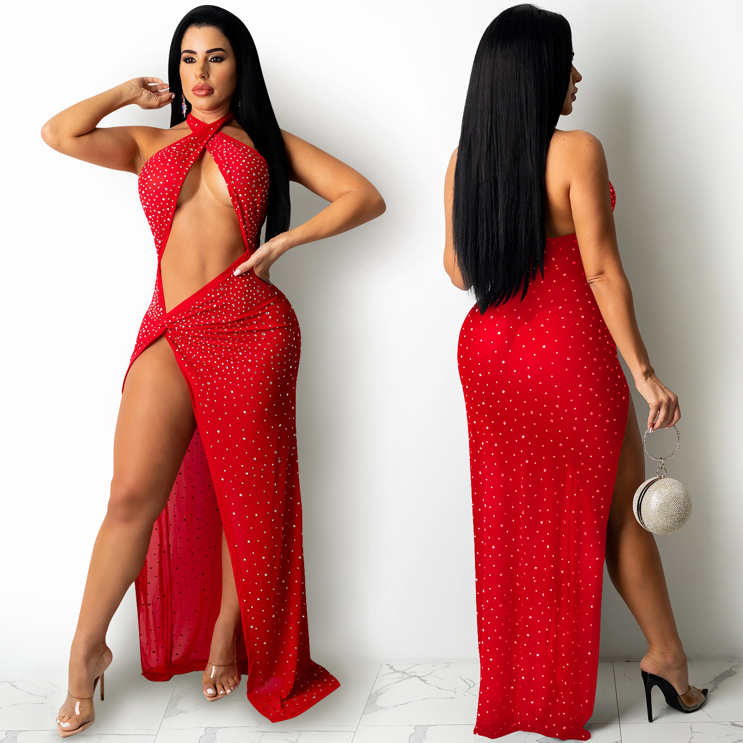 X5326 transfronterizo europeo y americano nuevo club nocturno sexy rhinestone diamante incrustado malla ver-a través de las mujeres envuelto pecho partido vestido image 3