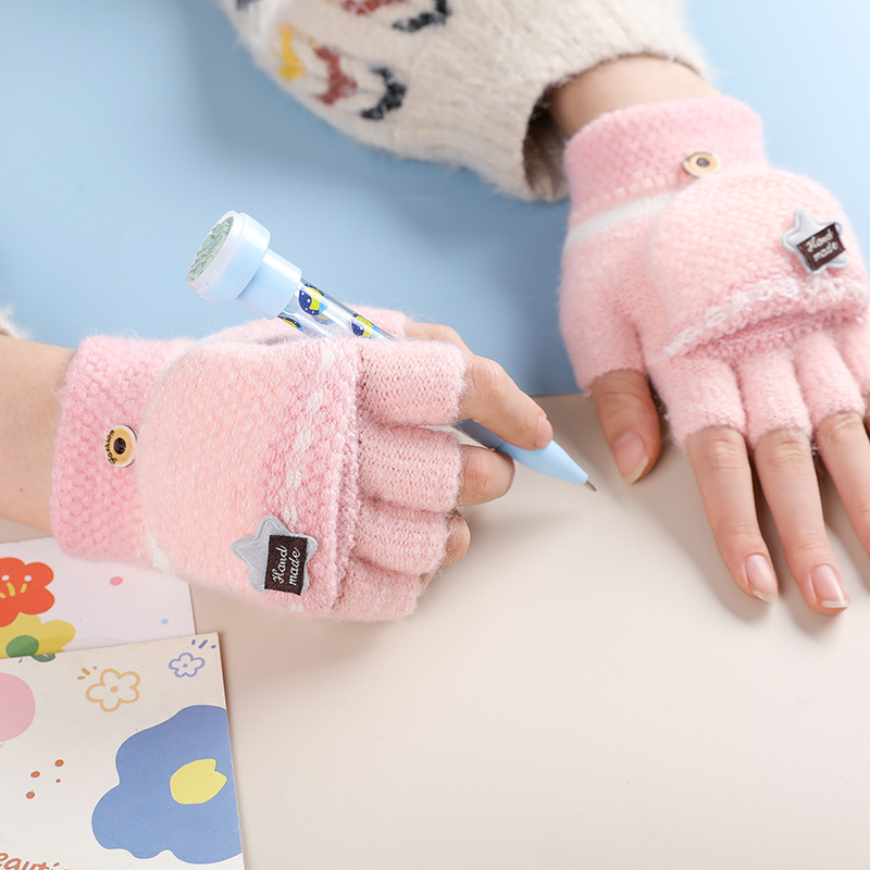 Children's Glove Winter Warmth Cute Cartoon Fingerless Flip Cover Half Finger Knitted for Boys and Girls Students Writing Use