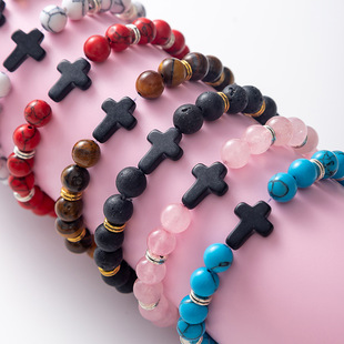 Cross-border Hot Accessories black stone cross elastic bracelet volcanic stone white turquoise Tiger Eye stone bracelet