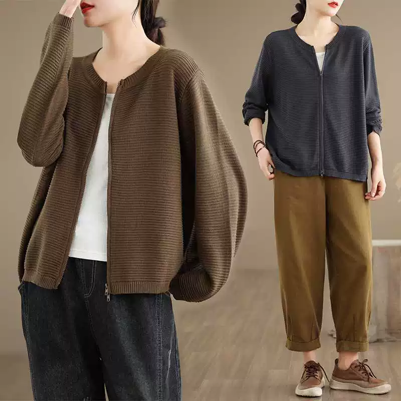 Новая женская куртка-кардиган в корейском стиле на осень/зиму 2025 года, однотонная, с двойной молнией, больших размеров, с длинными рукавами и круглым вырезом