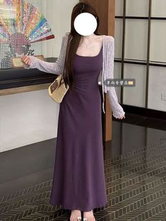 Pure Lust Style Square Neck Suspender Skirt Suit for Women in Summer with Strappy Sun Protection Cardigan Design Pleated Waist Long Skirt
