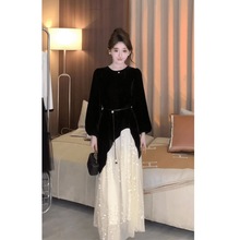 「天鹅湖」星空亮片连衣裙年秋季新款名媛时尚丝绒连衣裙