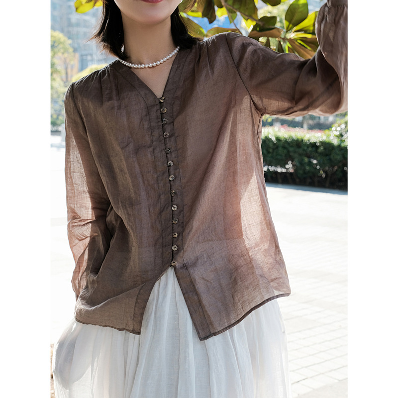 New Ramie V Neck Cardigan Nine-Point Puff Sleeves Light and Thin Breathable Top