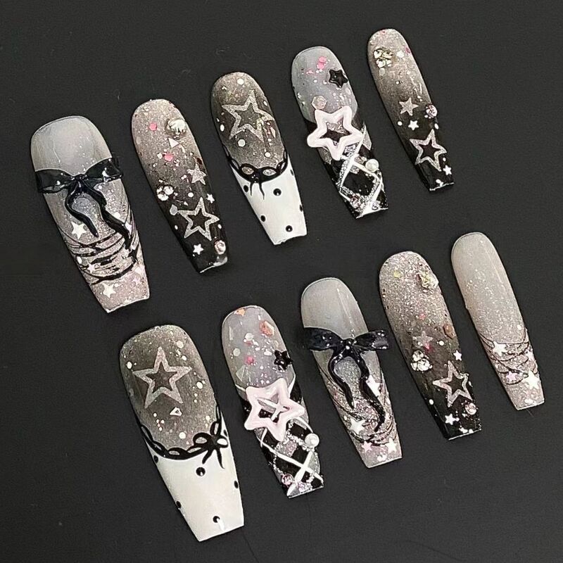 Handmade Lace Nails, Cute Student Style, French Dark Star Nail Art, Bowknot, Brightening Complexion, Elegant Nail Art Handmade Lace Nails, Cute Student Style, French Dark Star Nail Art, Bowknot, Brightening Complexion, Elegant Nail Art