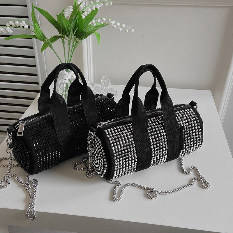 Borsa baguette da donna, modello sottobraccio cilindrico, con decorazioni di diamanti scintillanti, stile europeo e americano 2022._voghion.com