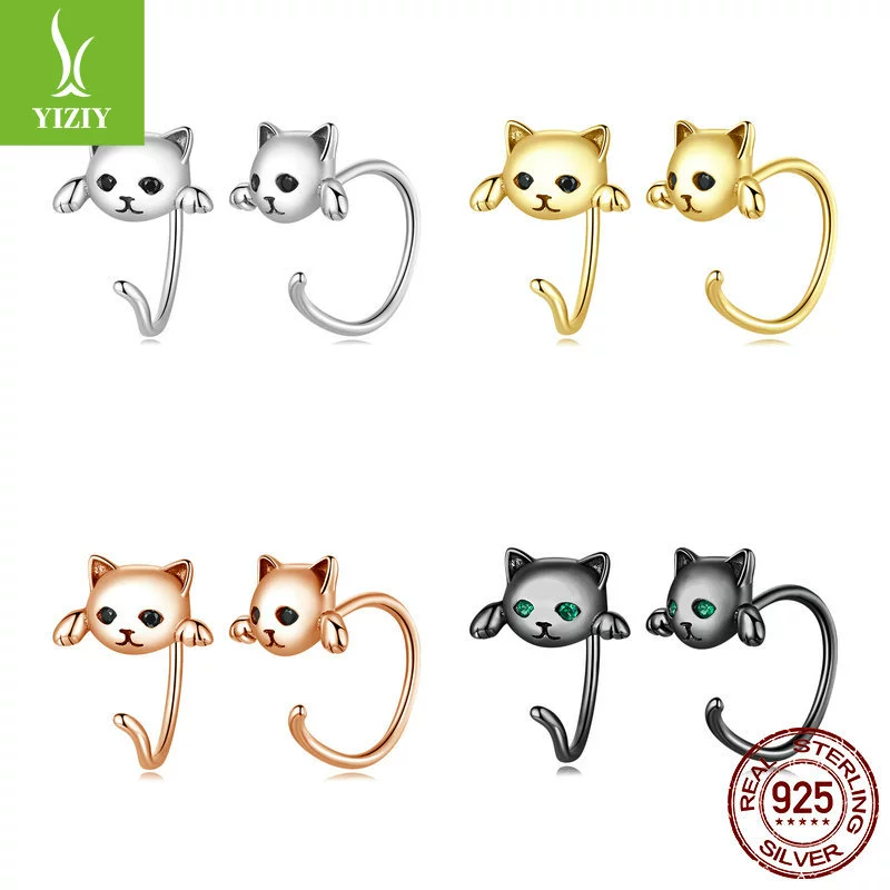 Серьги и кольцо (YIZIY) 925 стерлингов серебро с котом мотивом, окисленная/циркония/эмаль, варианты маленькие и большие
