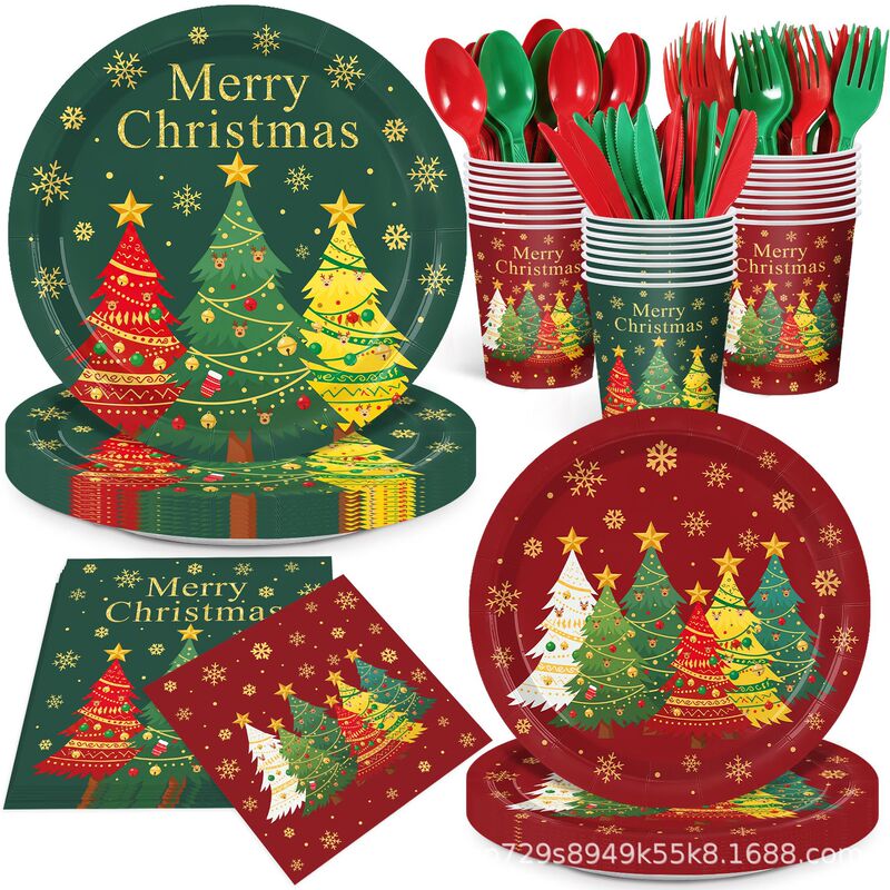 New Nordic-style Christmas disposable tableware set in red and green for Christmas family gatherings and parties